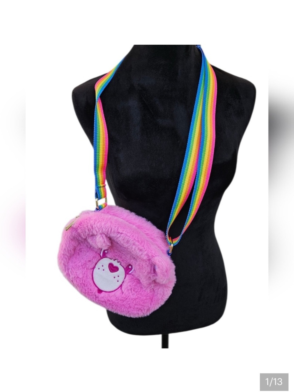 Care Bear Plush Face Crossbody Bag Rainbow Strap whimsical novelty purse kawaii